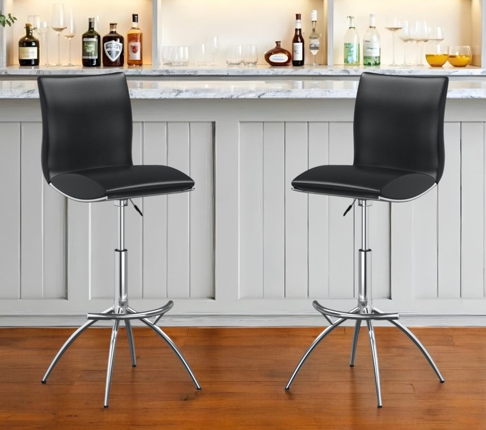 Set of Two Black and Silver Faux Leather and Metal Low Back Adjustable Height Bar Chairs