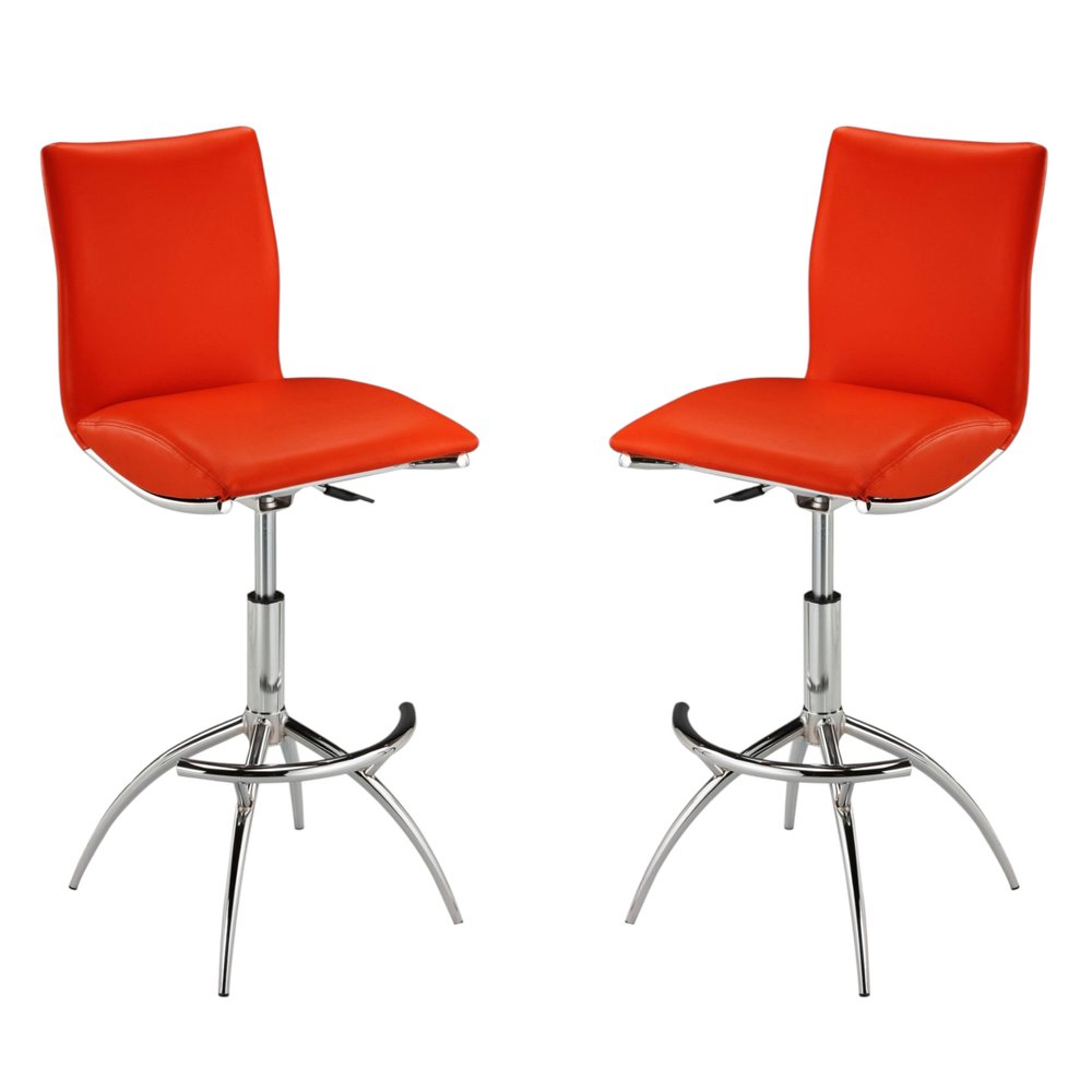 Set of Two Red and Silver Faux Leather and Metal Low Back Adjustable Height Bar Chairs