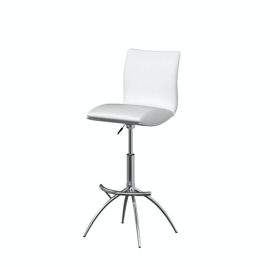 Set of Two White and Silver Faux Leather and Metal Low Back Adjustable Height Bar Chairs