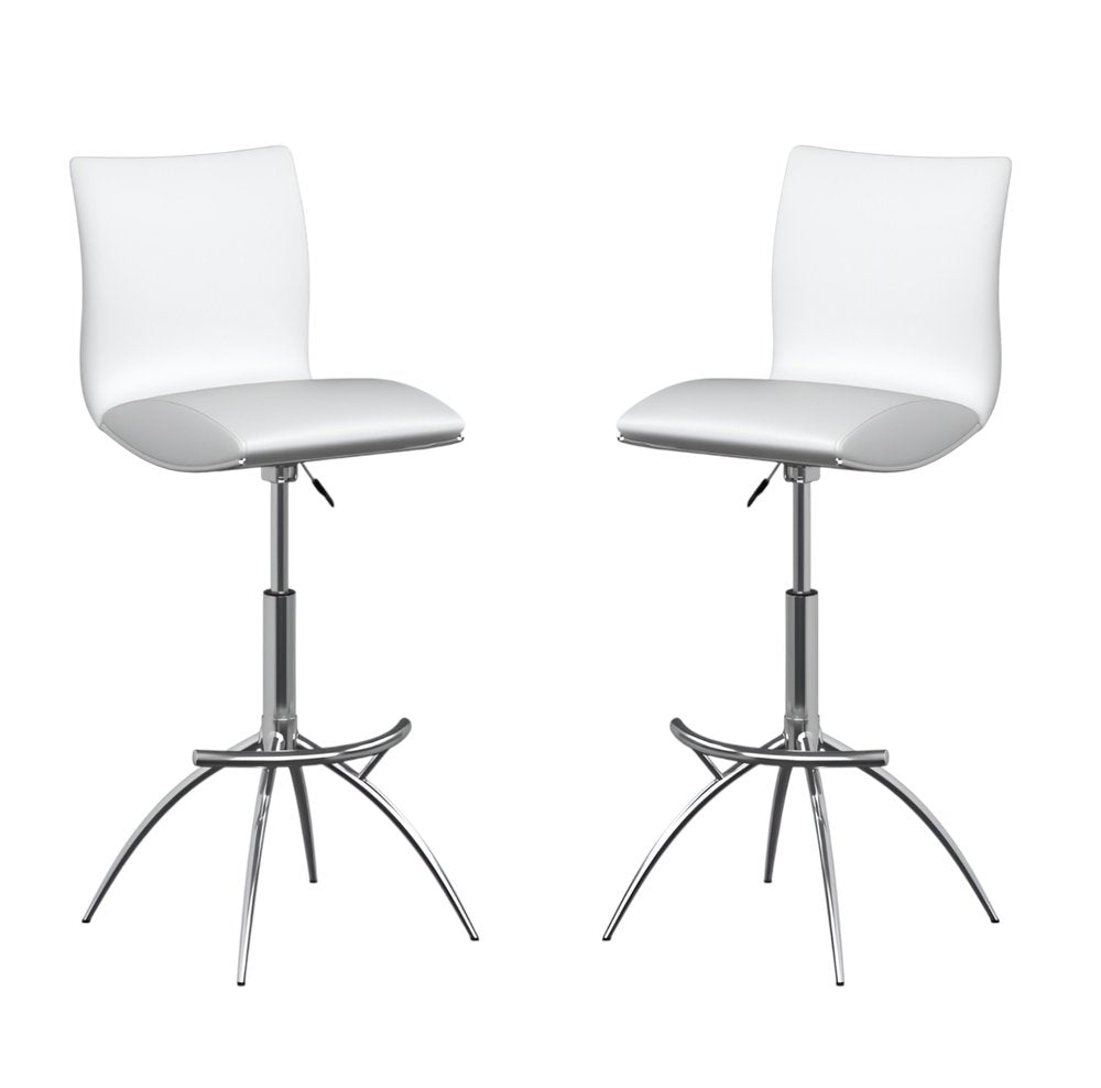 Set of Two White and Silver Faux Leather and Metal Low Back Adjustable Height Bar Chairs
