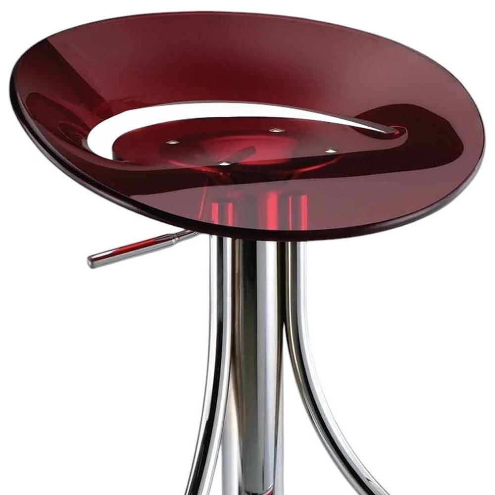 Red and Silver Acrylic and Metal Low Back Adjustable Height Bar Chair