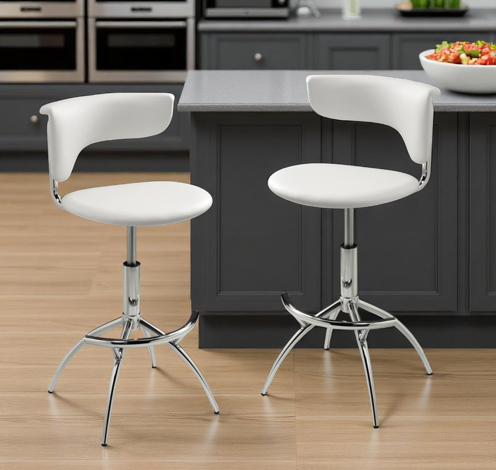Set of Two White and Silver Metal and Faux Leather Low Back Adjustable Height Bar Chairs