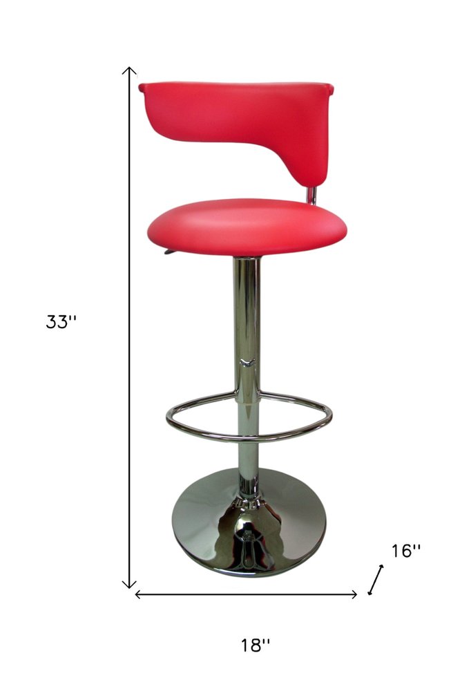 Red and Silver Faux Leather and Metal Low Back Adjustable Height Bar Chair