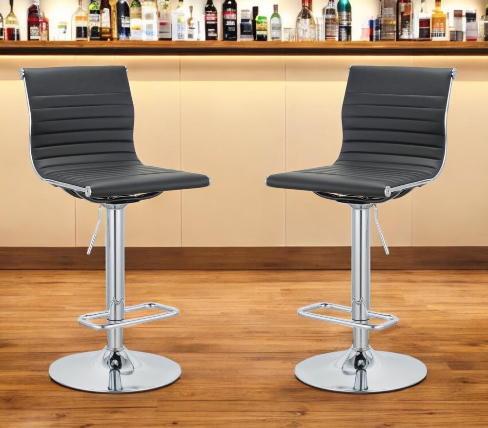 Set of Two Black and Silver Faux Leather and Metal Low Back Adjustable Height Bar Chairs