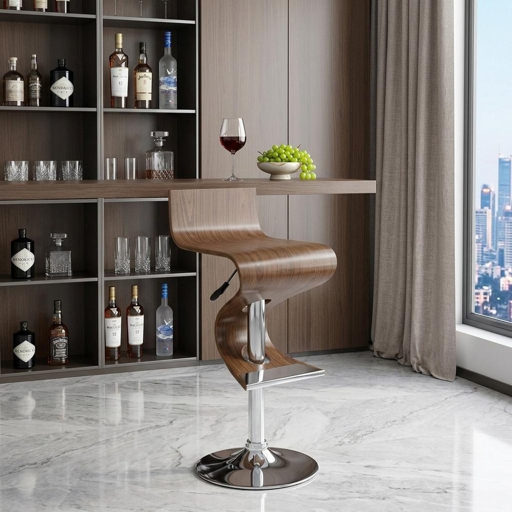 Brown and Silver Solid Wood and Metal Low Back Adjustable Height Bar Chair