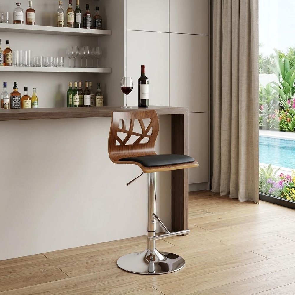Black Brown And Silver Faux Leather And Wood Low Back Adjustable Height Bar Chair