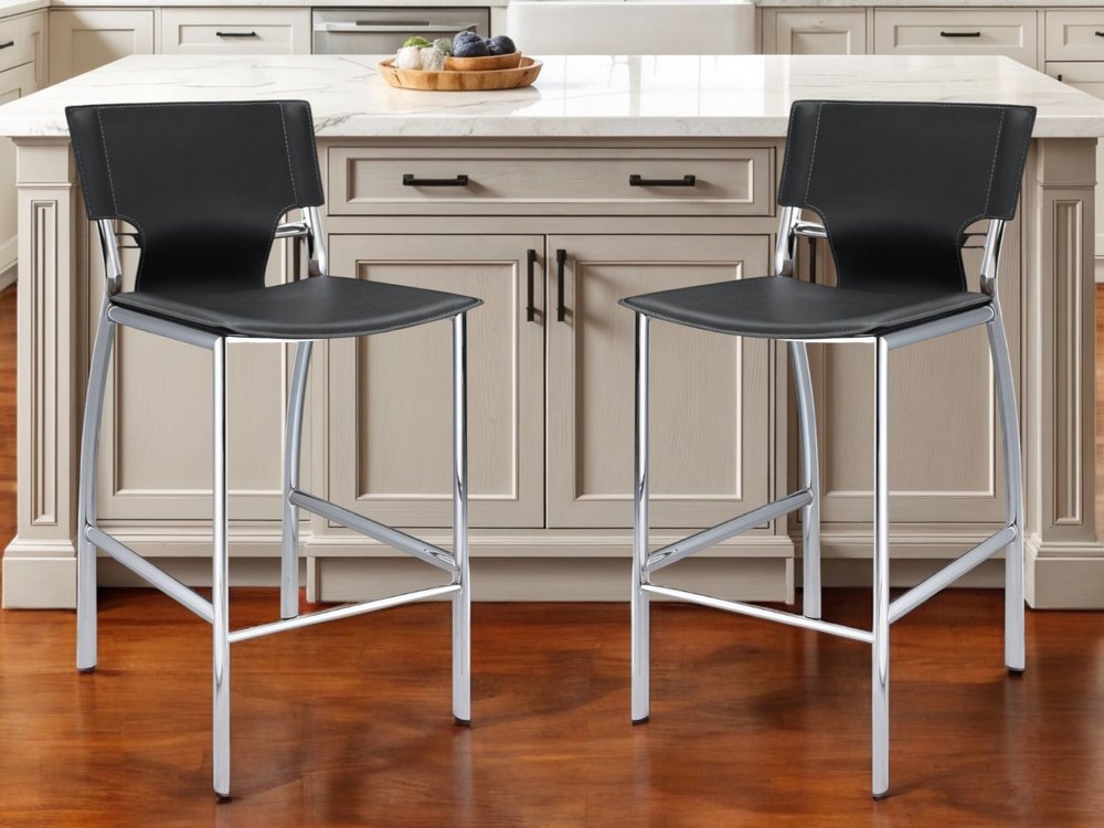 Set of Two 25" Gray and Silver Faux Leather and Metal Low Back Counter Height Bar Chairs