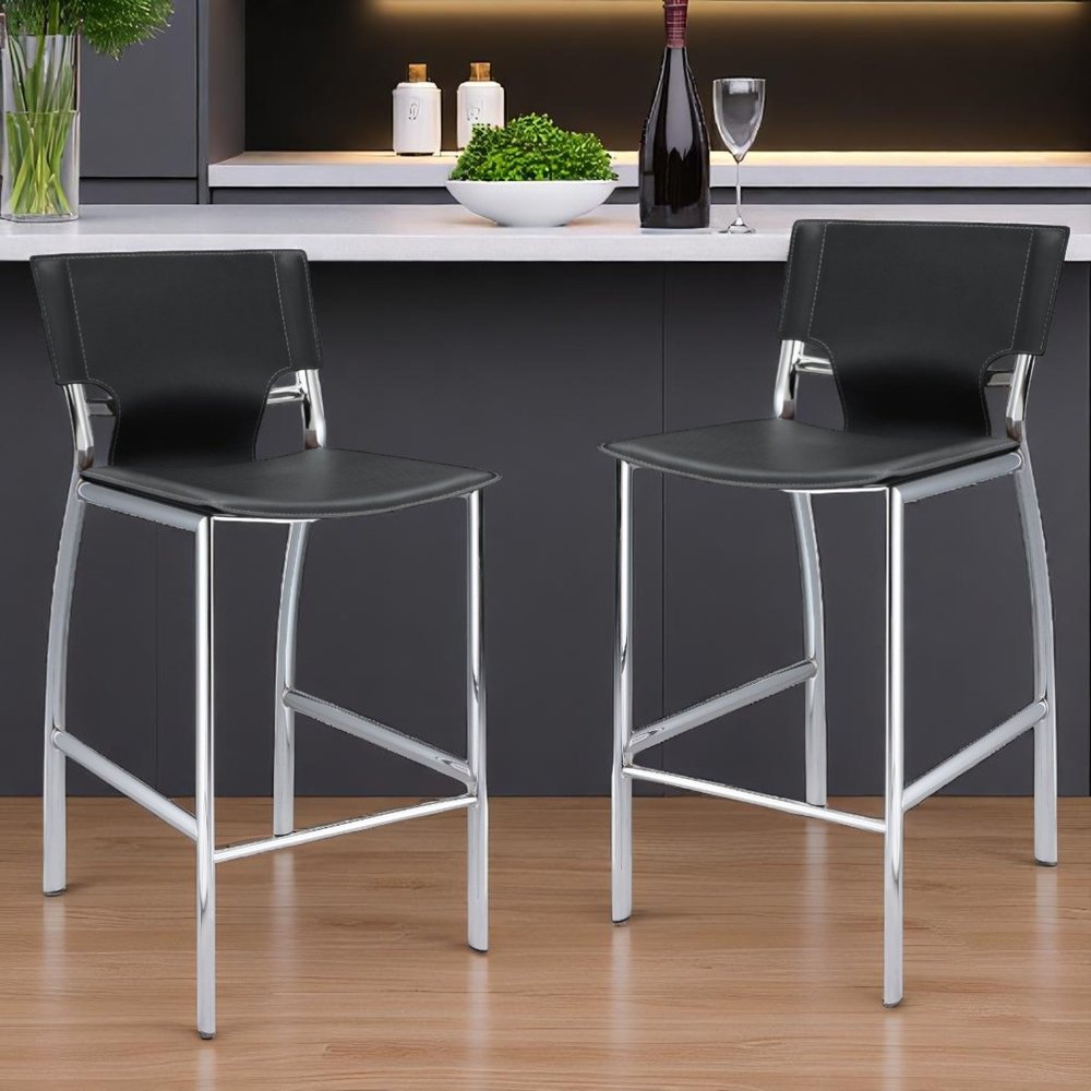 Set of Two 29" Gray and Silver Metal and Faux Leather Low Back Bar Height Bar Chairs