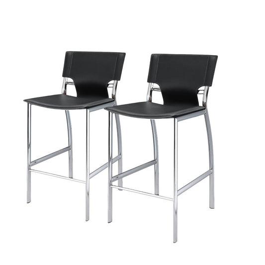 Set of Two 29" Black and Silver Metal and Faux Leather Low Back Bar Height Bar Chairs