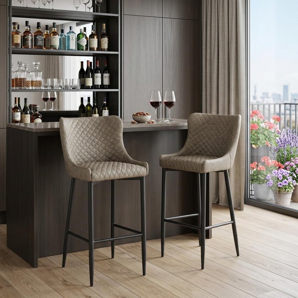 Set of Two 30" Gray and Black Faux Leather and Metal Low Back Bar Height Bar Chairs
