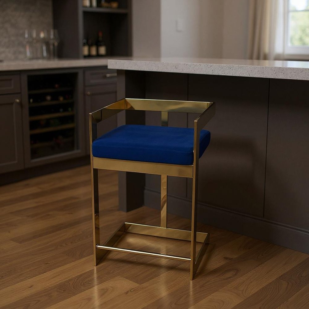 30" Blue and Gold Metal and Velvet Low Back Bar Height Bar Chair