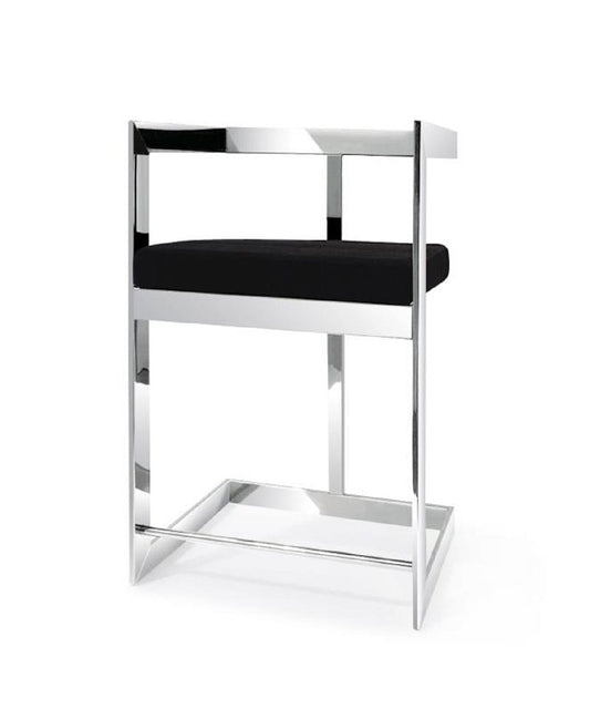 30" Black and Silver Velvet and Stainless Steel Low Back Bar Height Bar Chair
