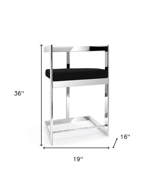 26" Black and Silver Velvet and Stainless Steel Low Back Counter Height Bar Chair