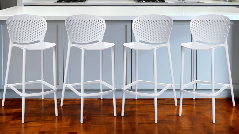 Set of Four 30" White Heavy Duty Plastic Low Back Bar Height Bar Chairs