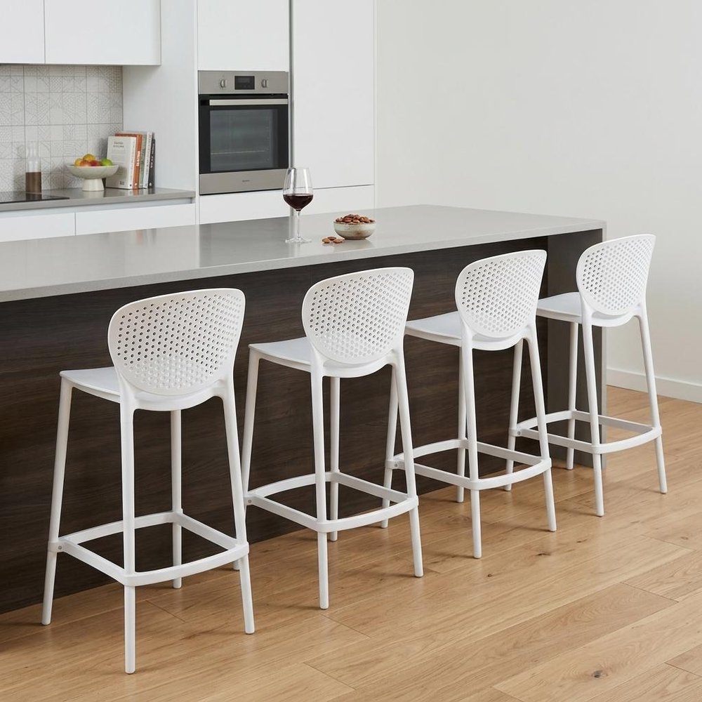 Set of Four 26" White Heavy Duty Plastic Low Back Counter Height Bar Chairs
