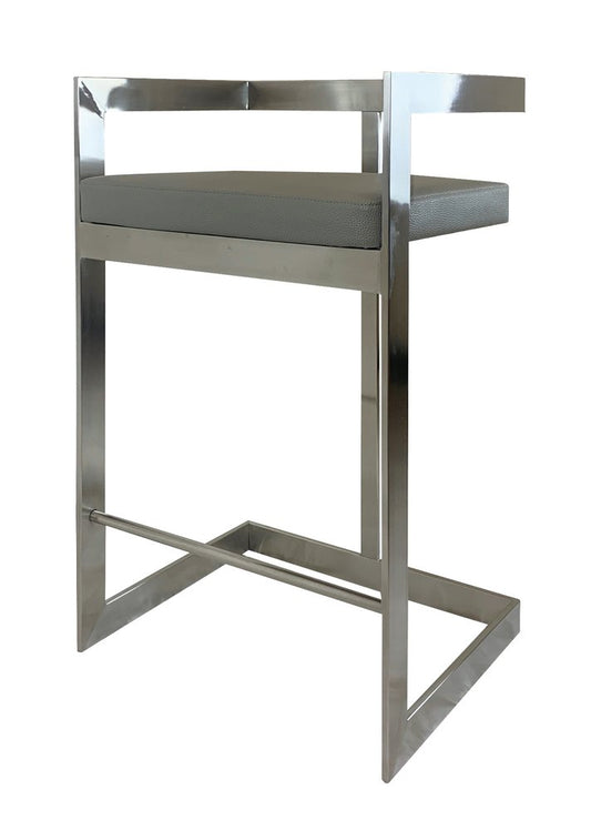 26" Gray and Silver Faux Leather and Metal Low Back Counter Height Bar Chair