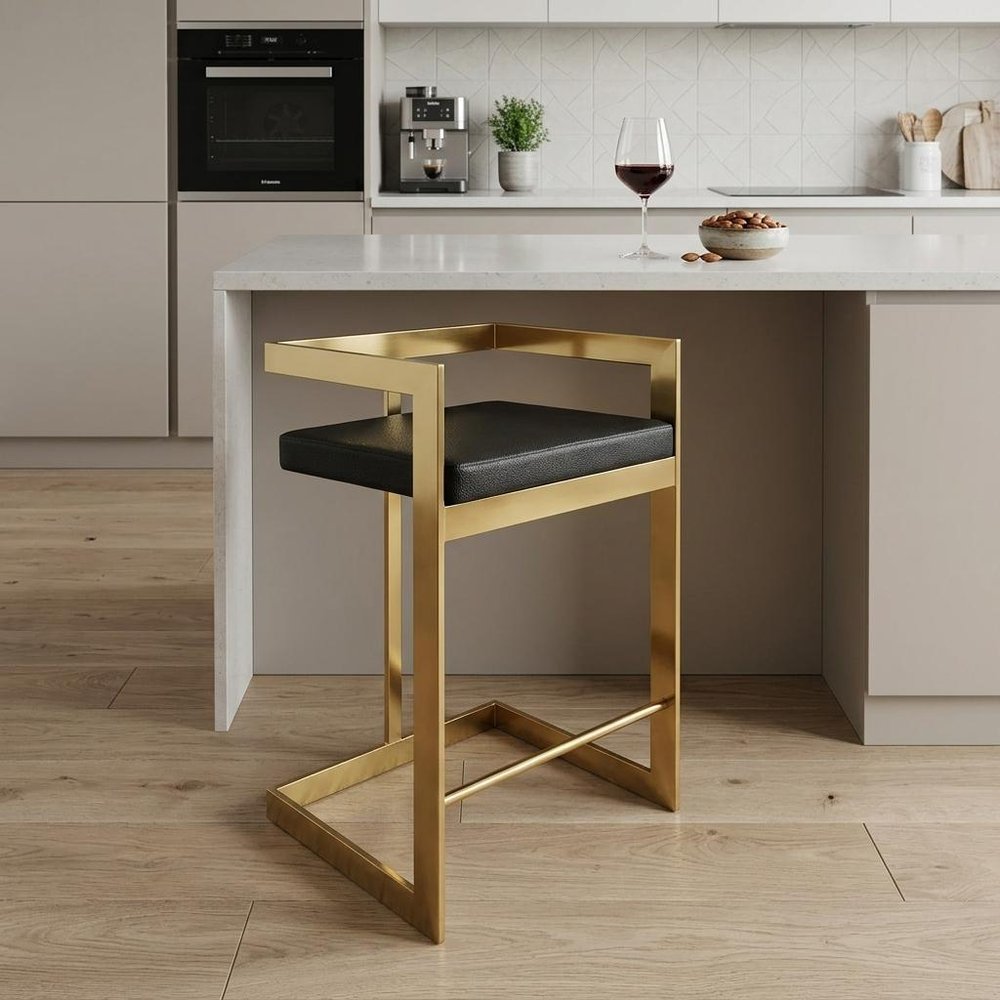 26" Black and Gold Faux Leather and Stainless Steel Low Back Counter Height Bar Chair
