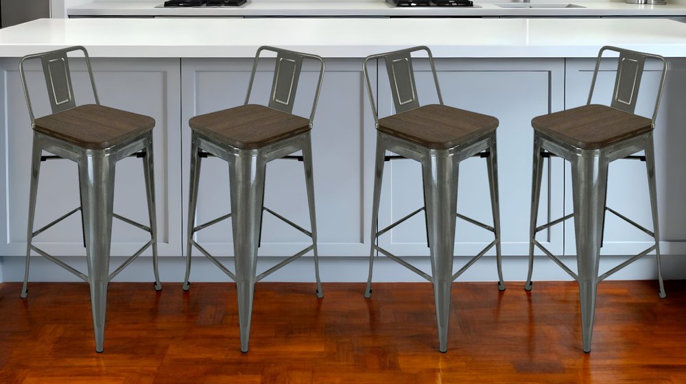 Set of Four 30" Brown and Gray Solid Wood and Metal Low Back Bar Height Bar Chairs