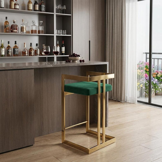 26" Green and Gold Velvet and Stainless Steel Backless Bar Height Bar Chair