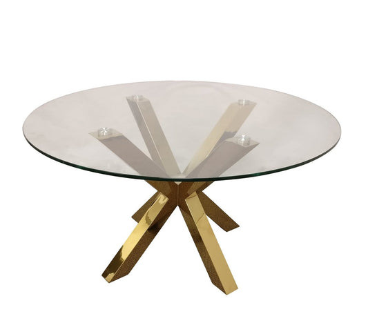 54" Clear and Gold Glass and Metal Cross Leg Base Round Top Dining Table