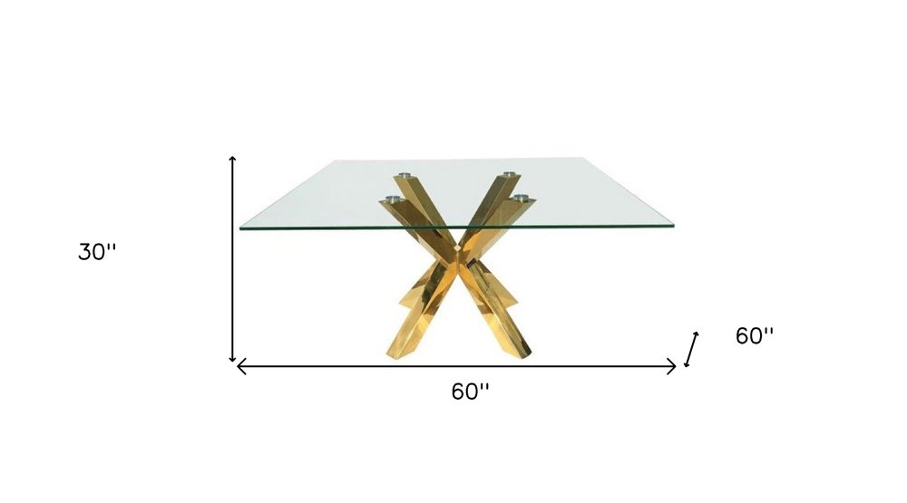 60" Clear and Gold Glass and Metal Cross Leg Base Square Dining Table