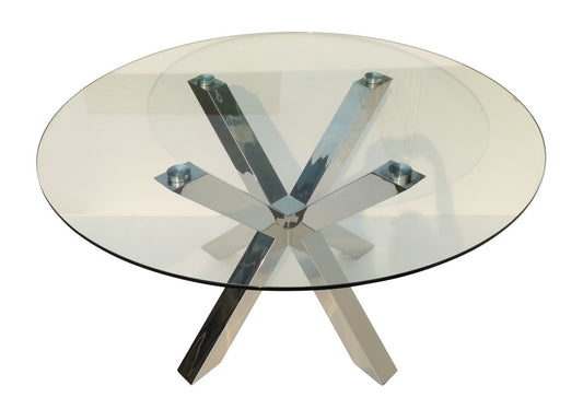 54" Clear and Silver Glass and Metal Cross Leg Base Round Top Dining Table