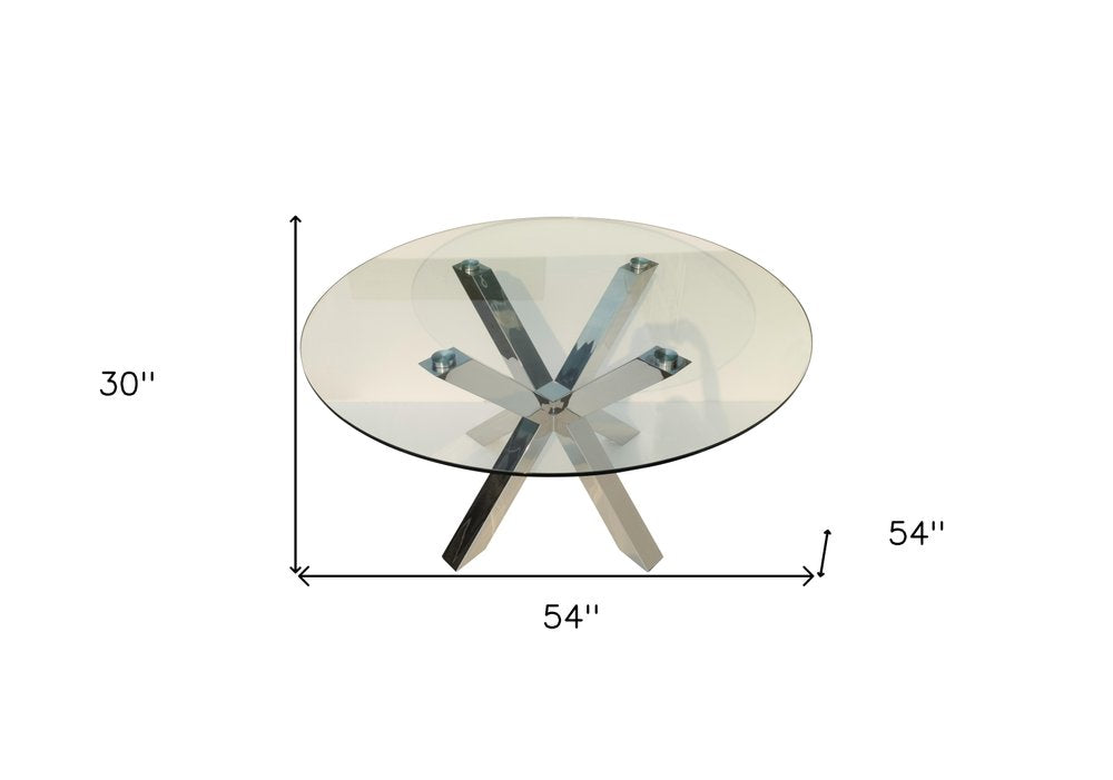 54" Clear and Silver Glass and Metal Cross Leg Base Round Top Dining Table