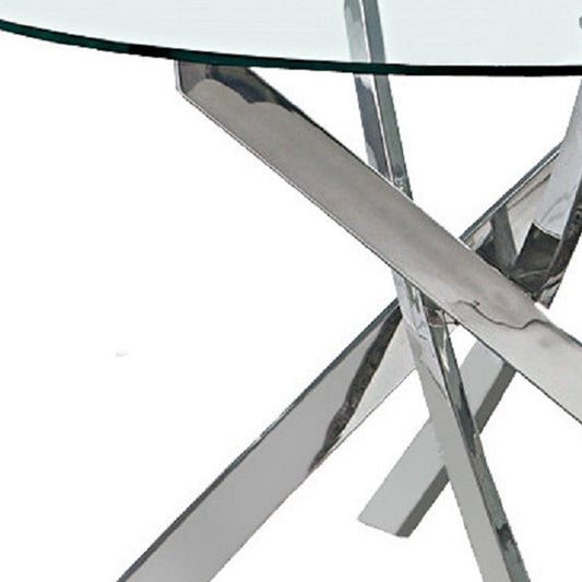 54" Clear and Silver Glass and Metal Cross Leg Base Round Top Dining Table