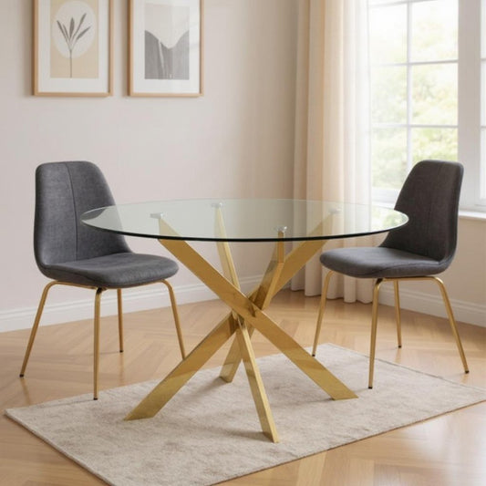 54" Clear and Gold Glass and Metal Cross Leg Base Round Top Dining Table