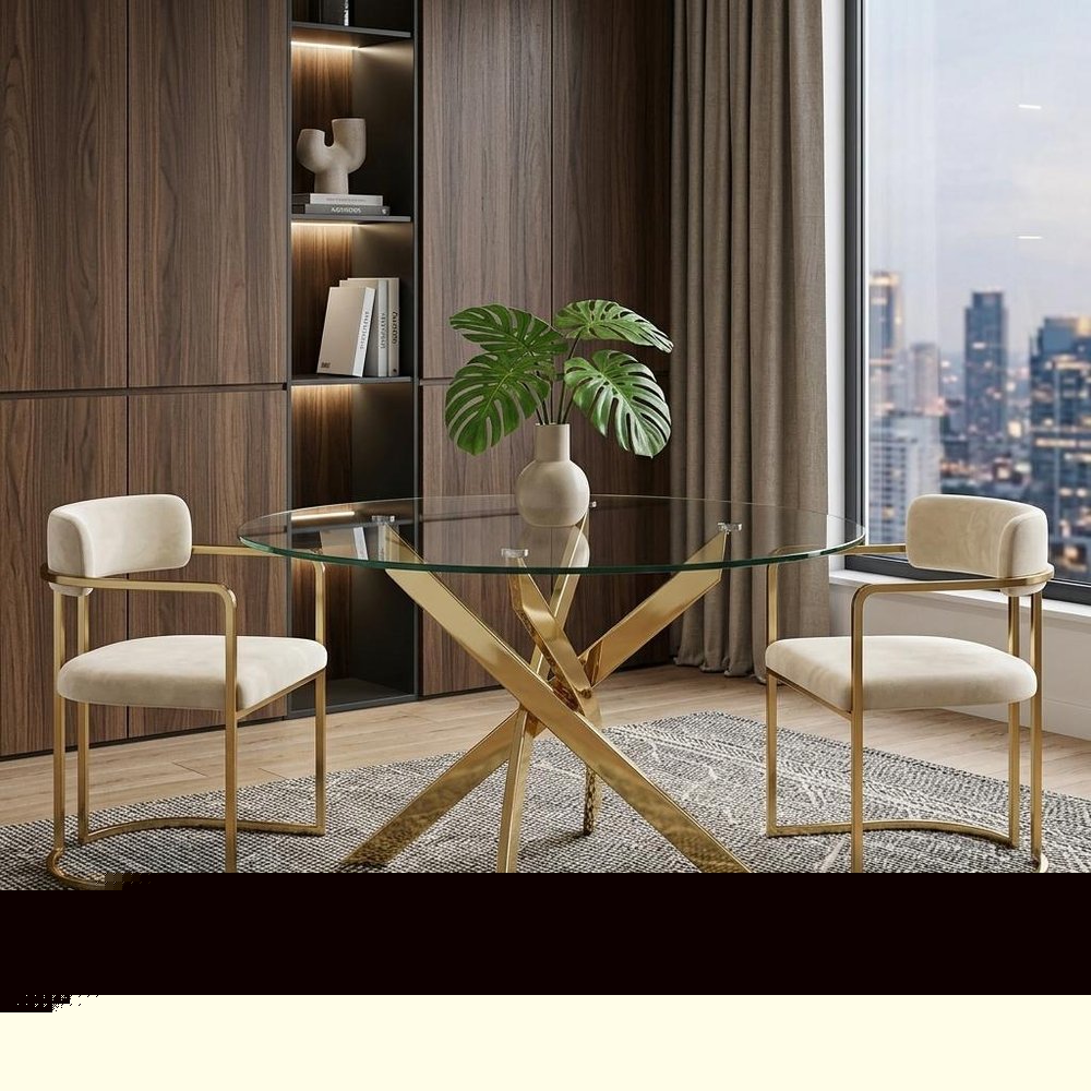 54" Clear and Gold Glass and Metal Cross Leg Base Round Top Dining Table