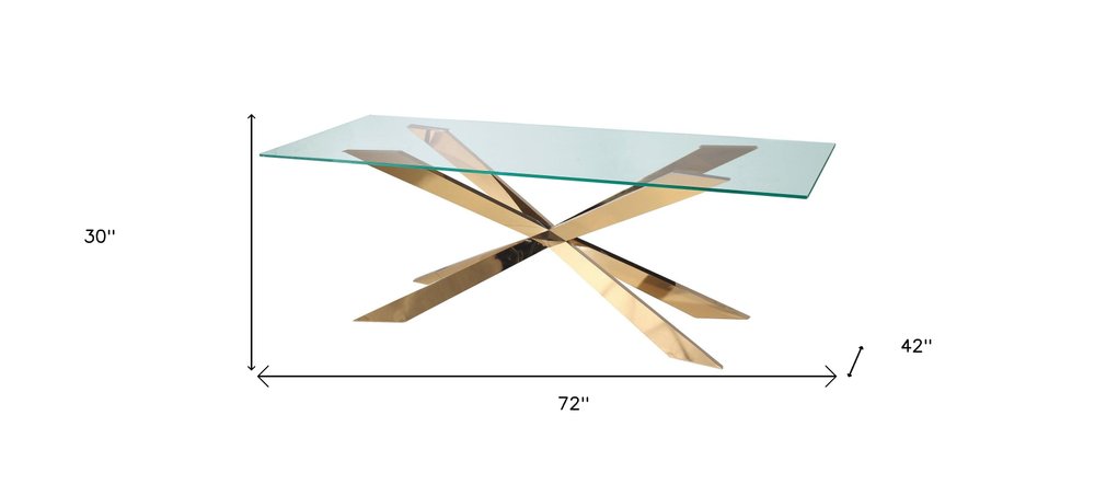72" Clear and Gold Glass and Metal Cross Leg Base Dining Table