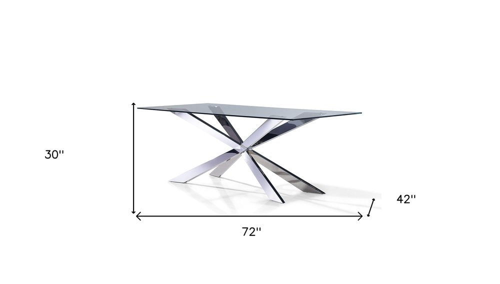 72" Clear and Silver Glass and Metal Cross Leg Base Dining Table
