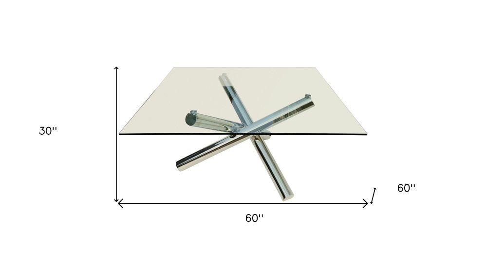 60" Clear and Silver Glass and Metal Cross Leg Base Square Dining Table