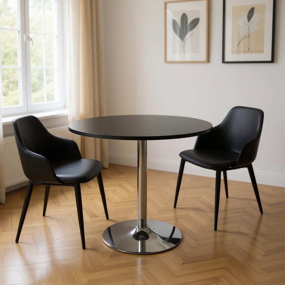 36" Black and Silver Wood and Metal Pedestal Base Round Top Dining Table