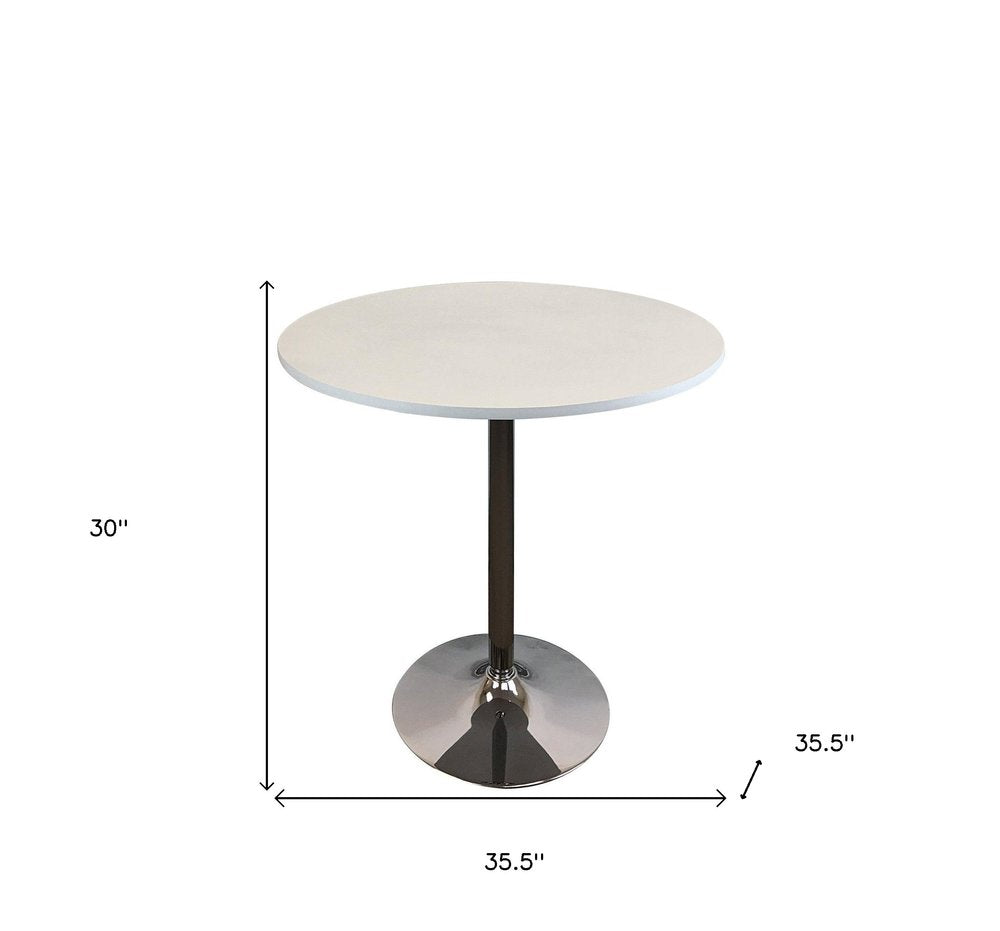 36" White and Silver Wood and Metal Pedestal Base Round Top Dining Table
