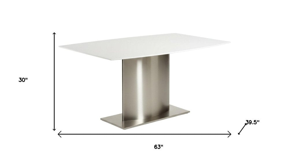 63" White And Silver Marble And Metal Pedestal Base Dining Table