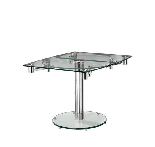 40" Clear and Silver Glass and Metal Self-Storing Leaf Motion Extendable Dining Table