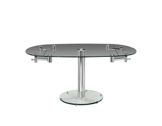 40" Clear and Silver Glass and Metal Self-Storing Leaf Motion Extendable Dining Table