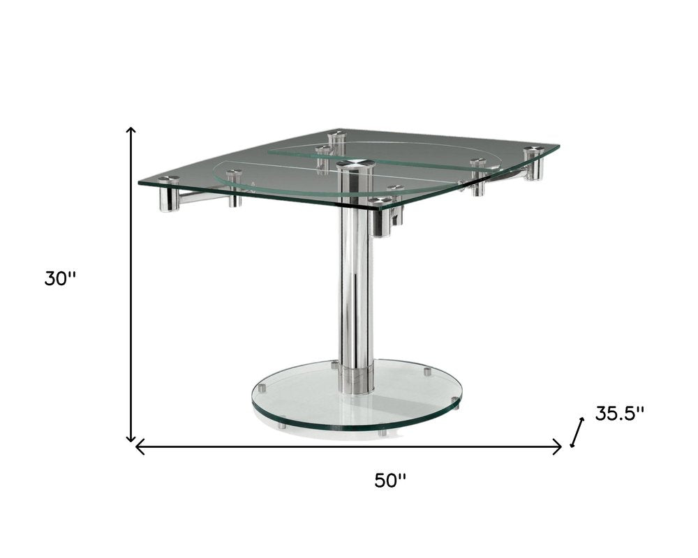 50" Clear And Silver Glass And Metal Self-Storing Leaf Pedestal Base Dining Table