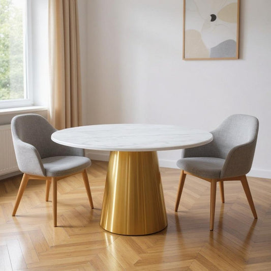 54" Gray White and Gold Marble and Metal Pedestal Base Round Top Dining Table