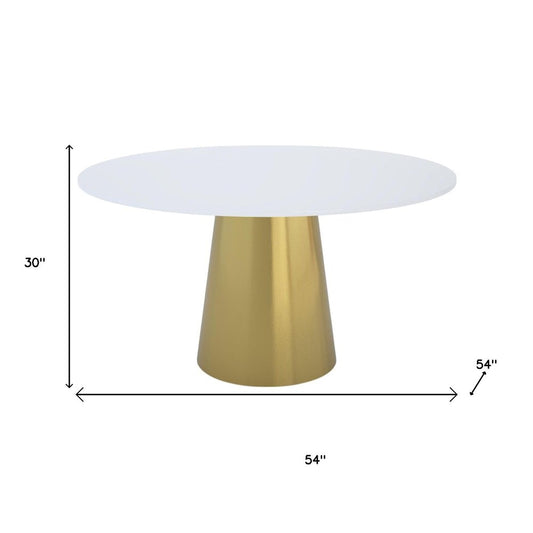 54" Gray White and Gold Marble and Metal Pedestal Base Round Top Dining Table