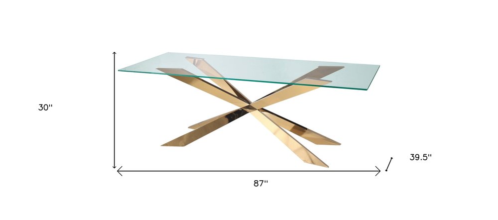 87" Clear and Gold Glass and Metal Cross Leg Base Dining Table
