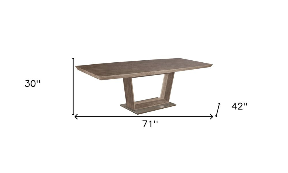 71" Gray Wood and Metal Self-Storing Leaf Pedestal Base Extendable Dining Table
