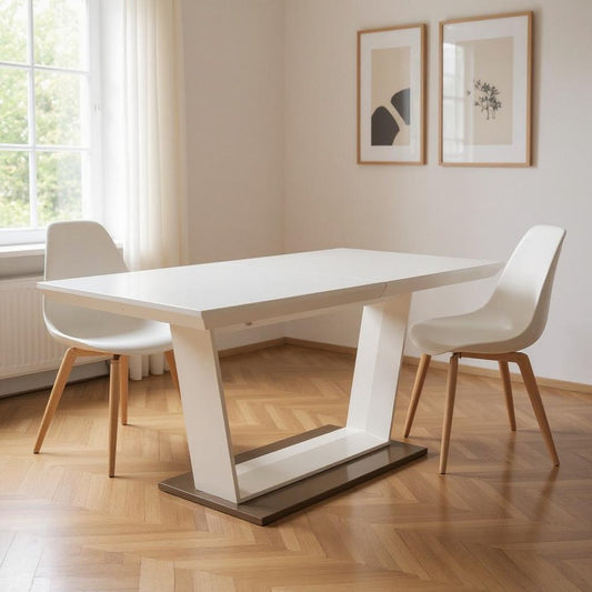 71" White Wood and Metal Self-Storing Leaf Pedestal Base Extendable Dining Table