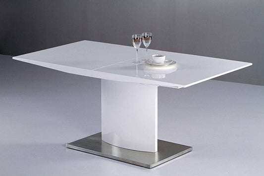 63" White Wood and Metal Self-Storing Leaf Pedestal Base Extendable Dining Table