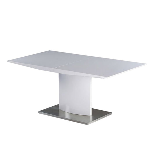 63" White Wood and Metal Self-Storing Leaf Pedestal Base Extendable Dining Table