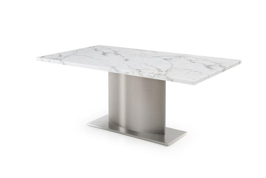 72" Gray White and Silver Marble and Stainless Steel Pedestal Base Dining Table