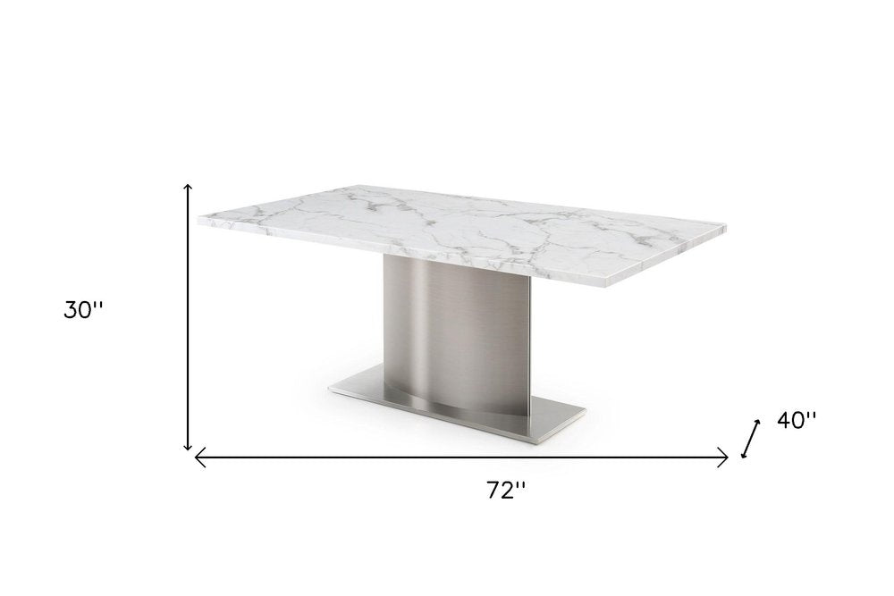 72" Gray White and Silver Marble and Stainless Steel Pedestal Base Dining Table