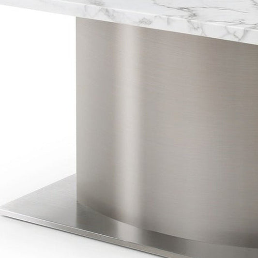 72" Gray White and Silver Marble and Stainless Steel Pedestal Base Dining Table