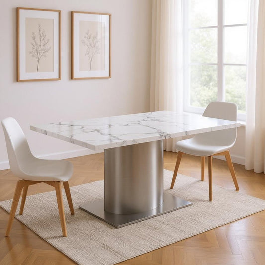 72" Gray White and Silver Marble and Stainless Steel Pedestal Base Dining Table